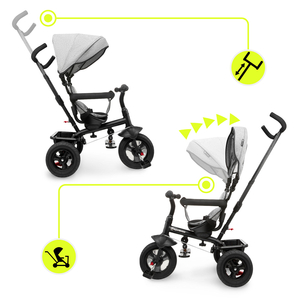 Trehjuling för barn 1-4 år - TOBI FREY - grå färg - svängbar - pumpade hjul + tryckare