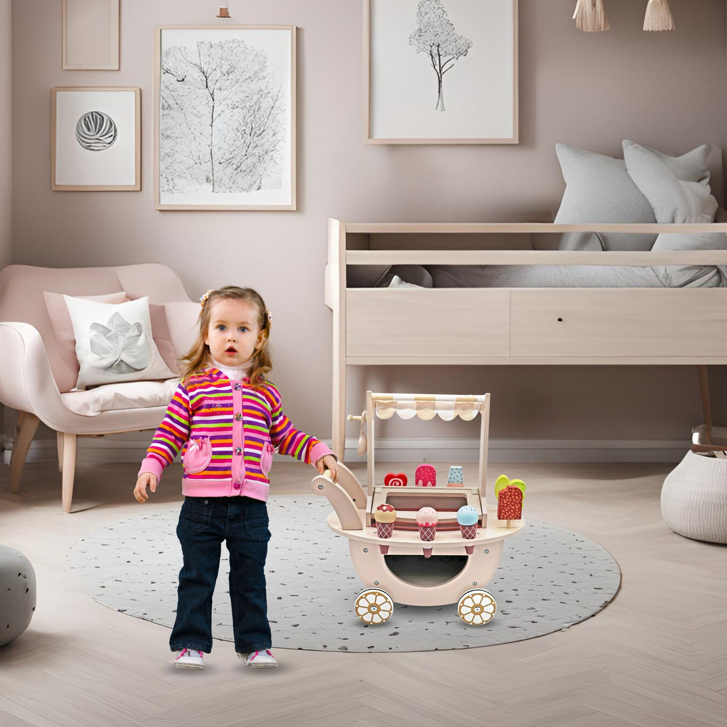 Trä glassbar för barn - vagn på hjul med tillbehör