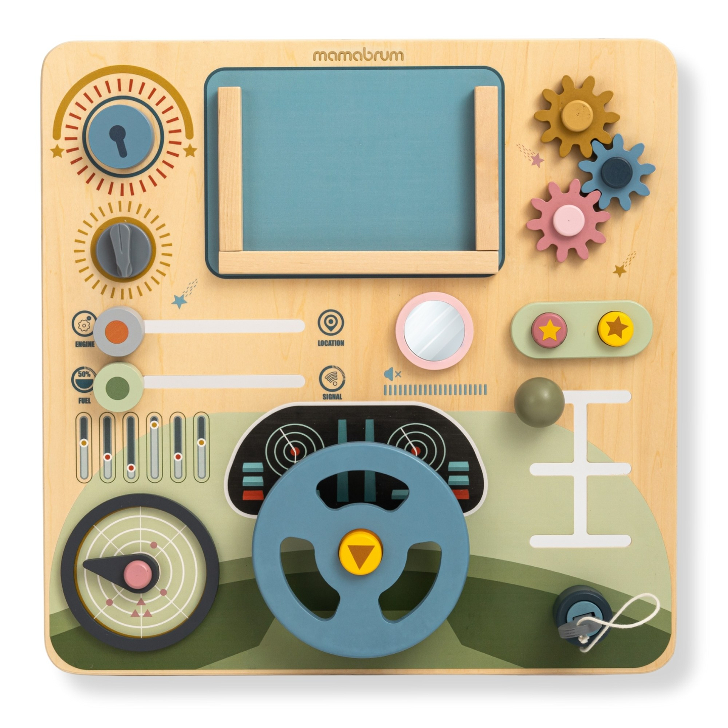 Montessoribräda i trä 2-i-1 förarplats för den lilla föraren och piloten – ratt, växelspak, resekartor, radar