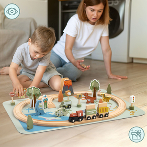 Dino Park trätåg med halkfri matta - dinosaurier, tåg, spår, vulkan, klocka