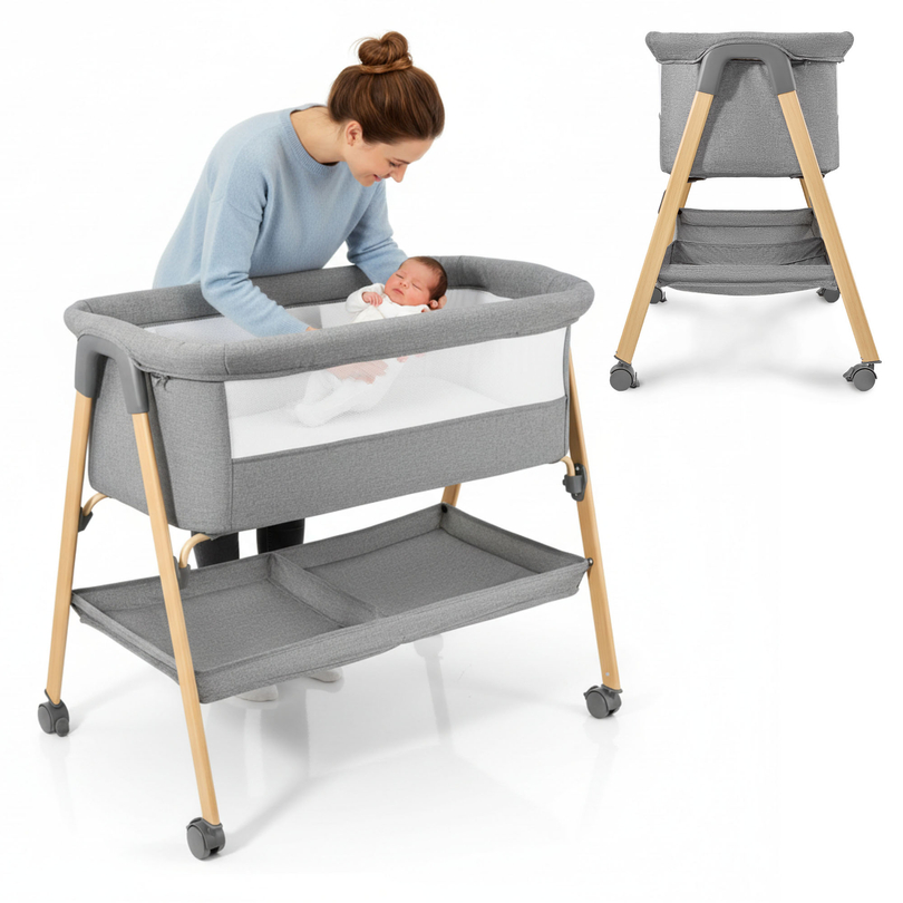 Spjälsäng, fristående, resesäng, vagga med madrass - grå