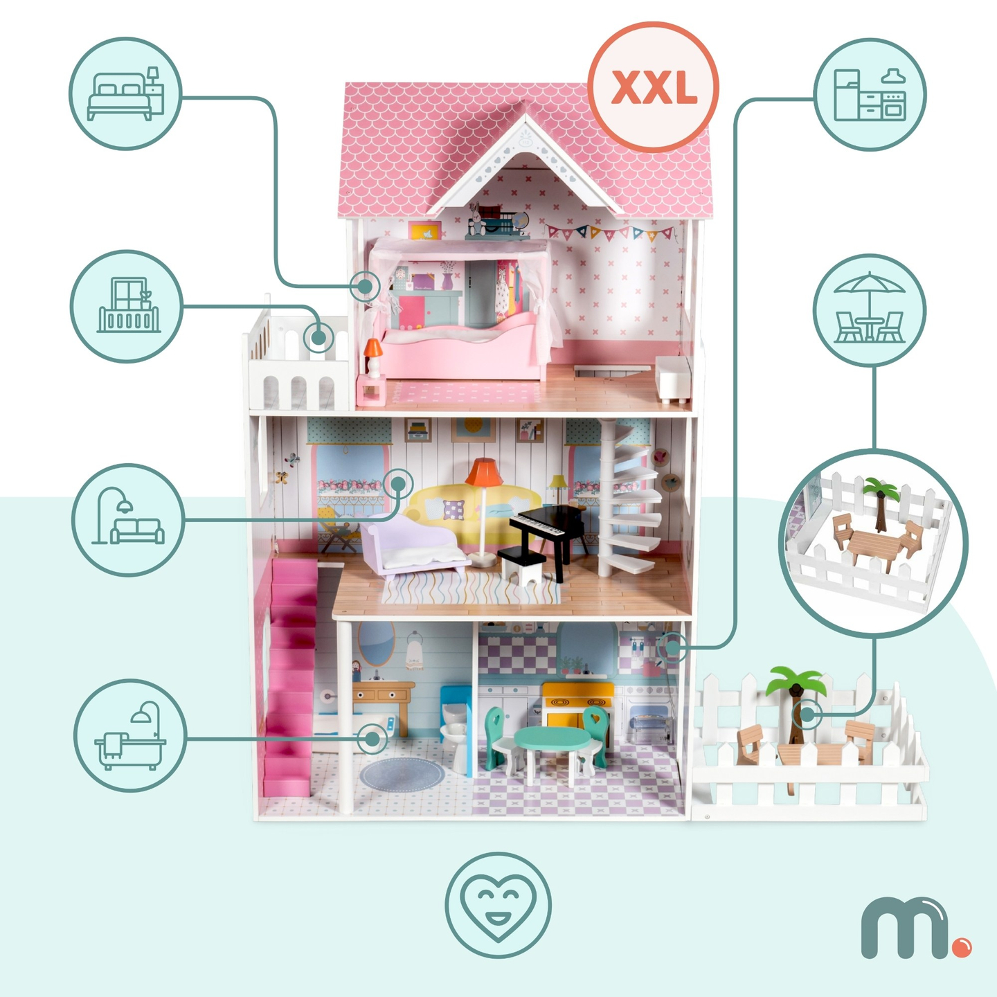 XXL Största dockhus i trä - 123 cm - LED-belyst - terrass, tillbehör, trädgård
