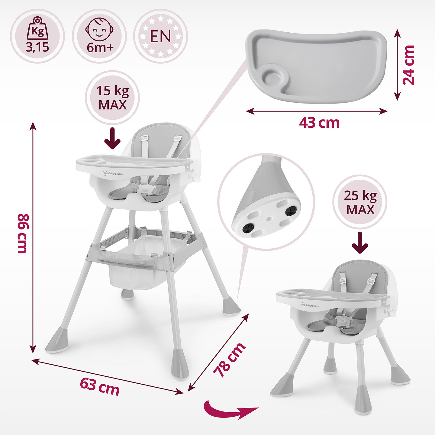 Moby-System Magnolia 2-i-1 justerbar barnstol - grå