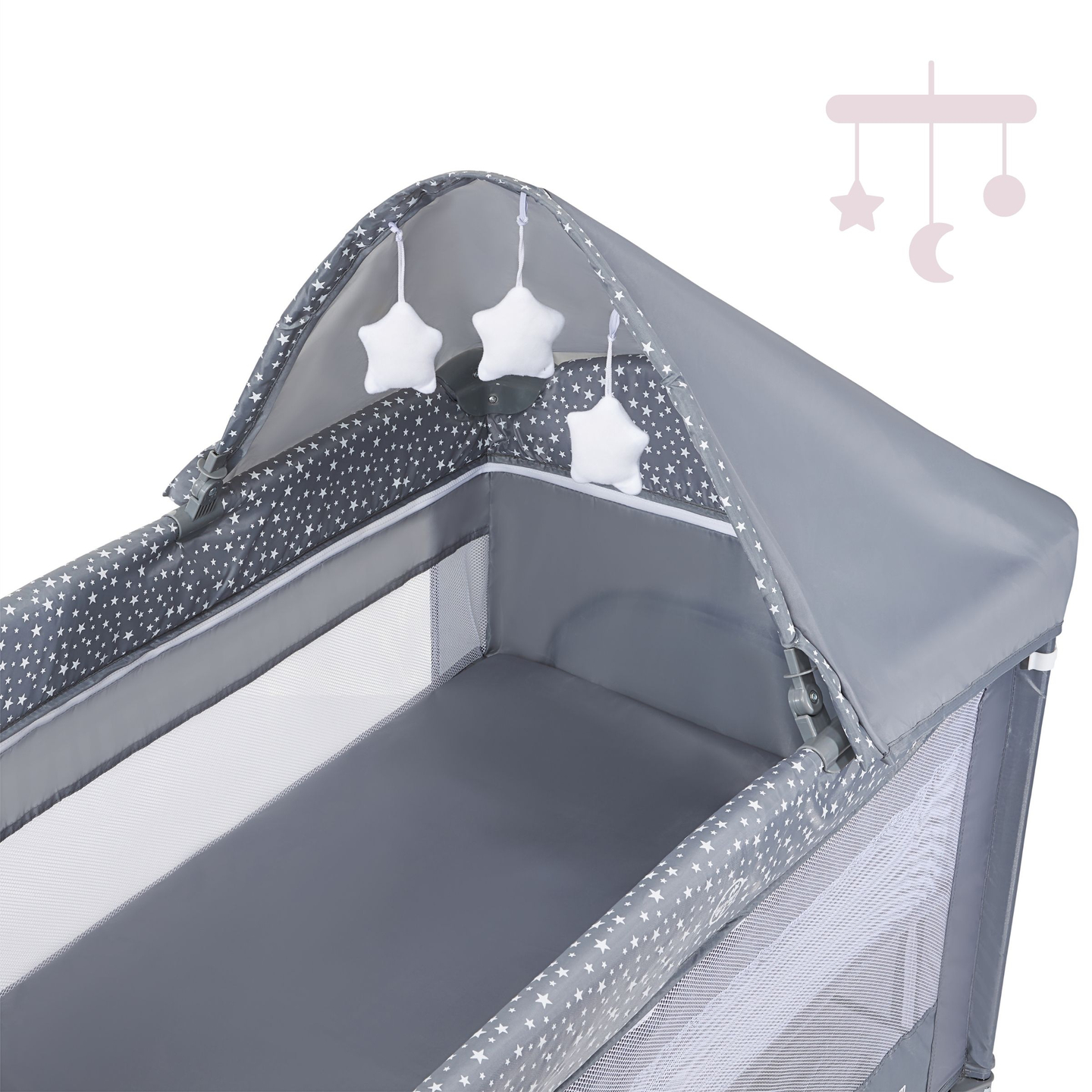 Resesäng/lekhage 2 plan med skötbord, tak och Happy Traveller BASIC PLUS madrass - grå