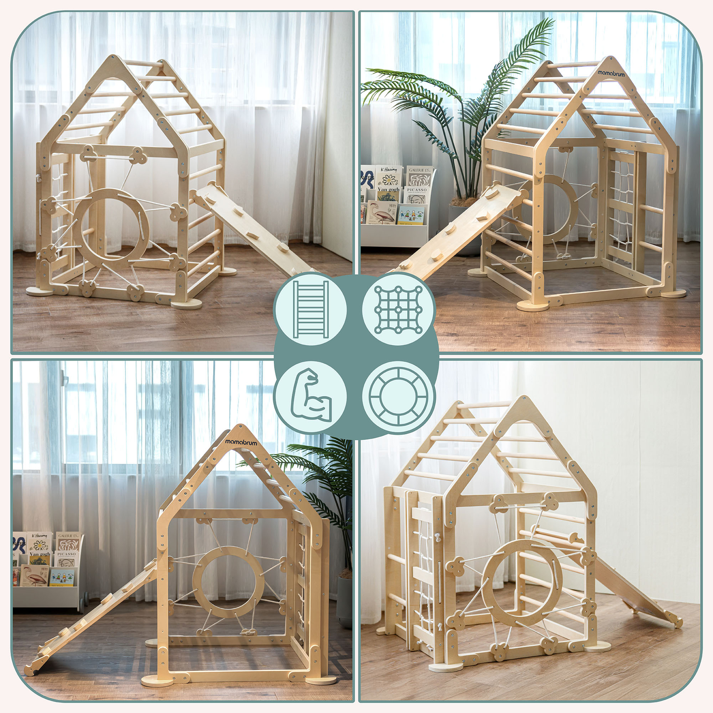 Trälekplats inomhus för barn - ett hus med stegar och en rutschkana