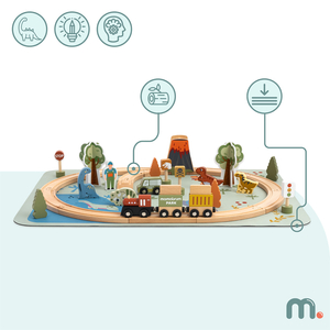 Dino Park trätåg med halkfri matta - dinosaurier, tåg, spår, vulkan, klocka