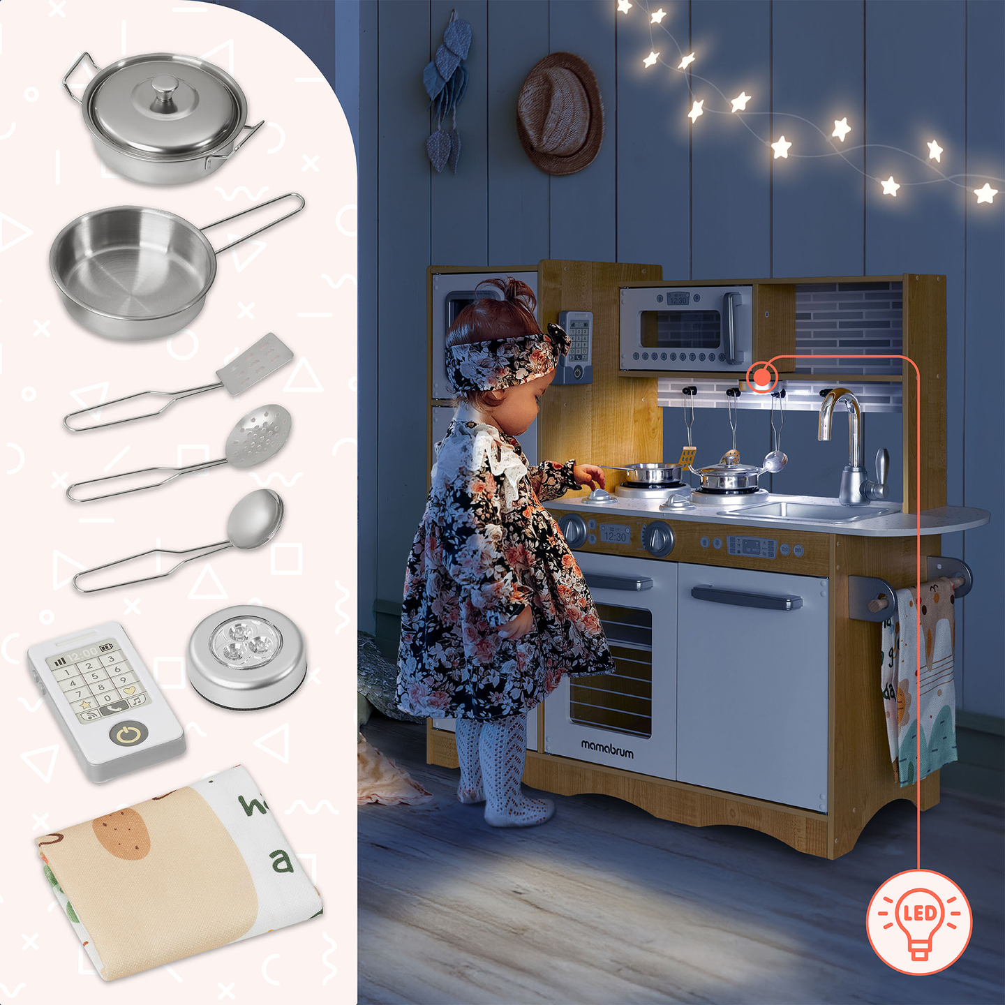 XXL träkök med LED-belysning, förkläde och tillbehör