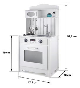 Vitt träkök med förkläde, tillbehör och LED-lampa