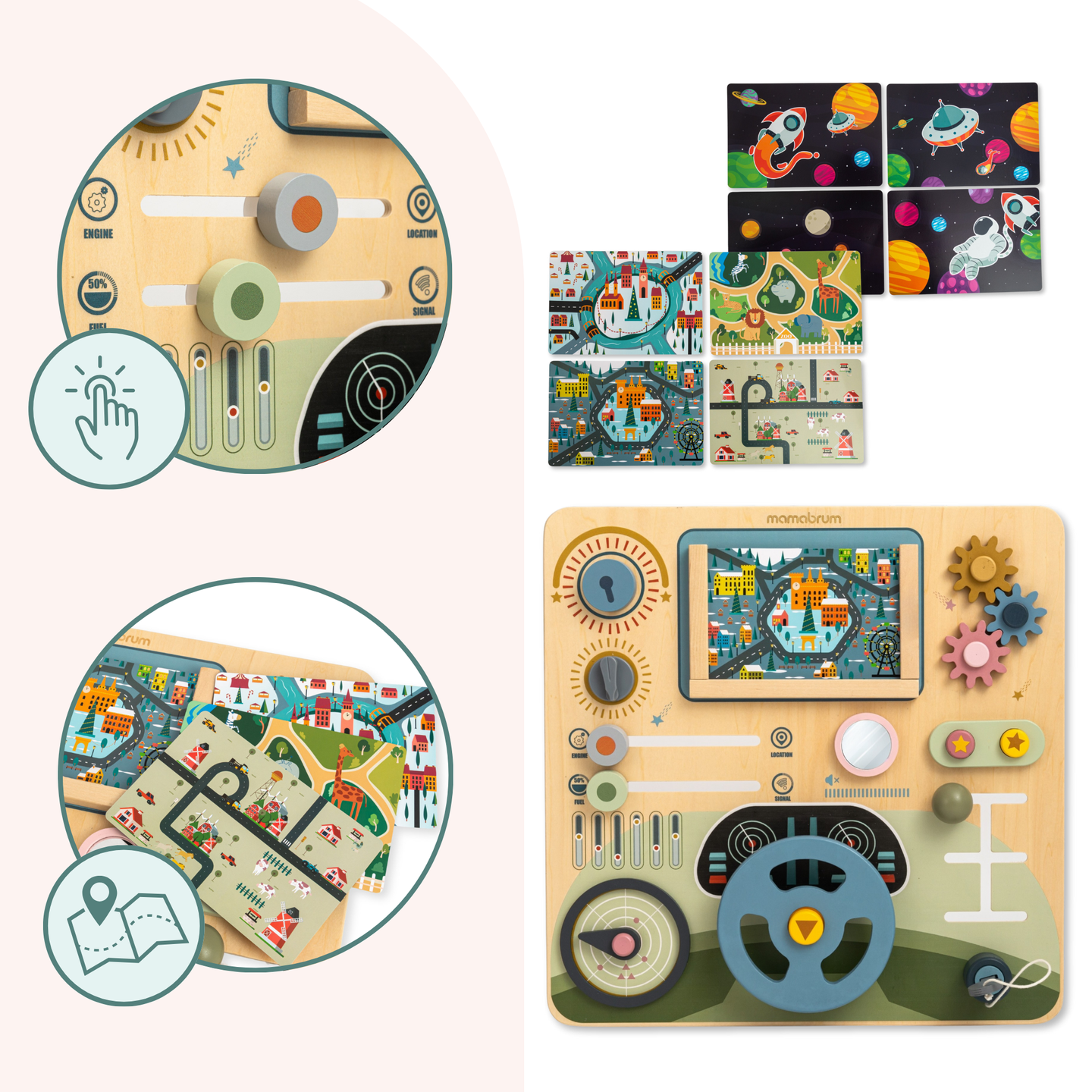 Montessoribräda i trä 2-i-1 förarplats för den lilla föraren och piloten – ratt, växelspak, resekartor, radar