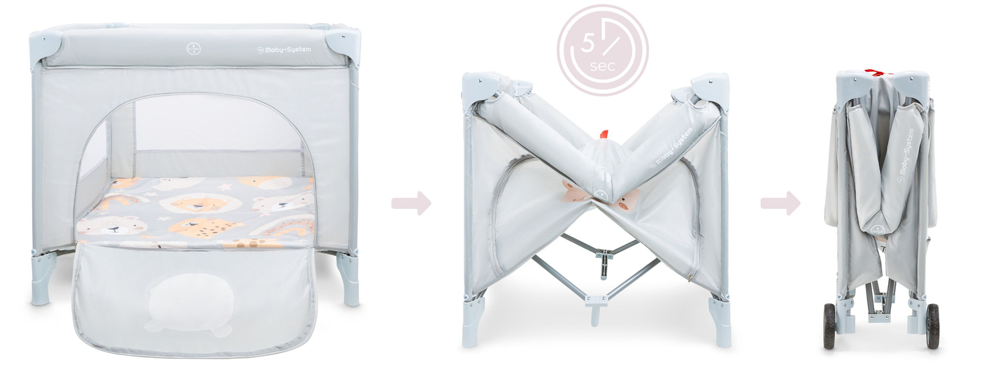 Hopfällbar lekhage, resesäng för barn med madrass och bärväska - Teddy Bear