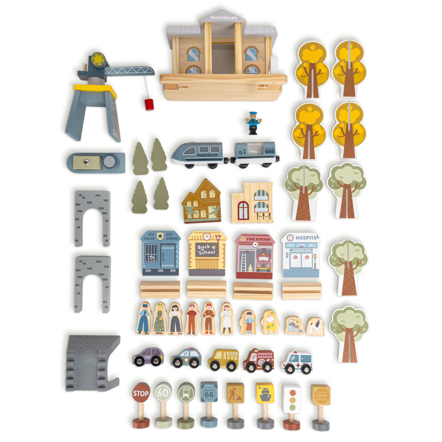 Träjärnväg med elektriskt tåg - rörlig kran, skepp, broar