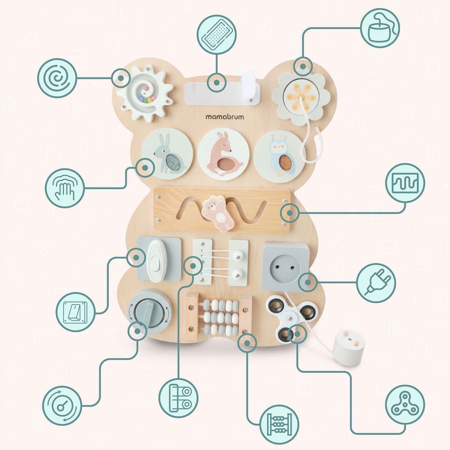 Montessori-nalle i trä - sensoriskt lärande av självständighet: kardborreband, plugg, labyrint, klickknapp