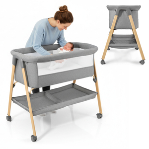 Spjälsäng, fristående, resesäng, vagga med madrass - grå