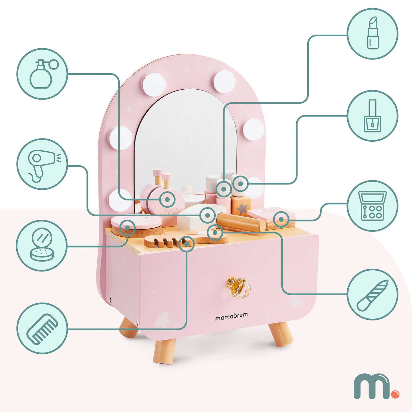 Minisminibord i trä för barn med tillbehör och LED-belysning med smidig ljusstyrkejustering