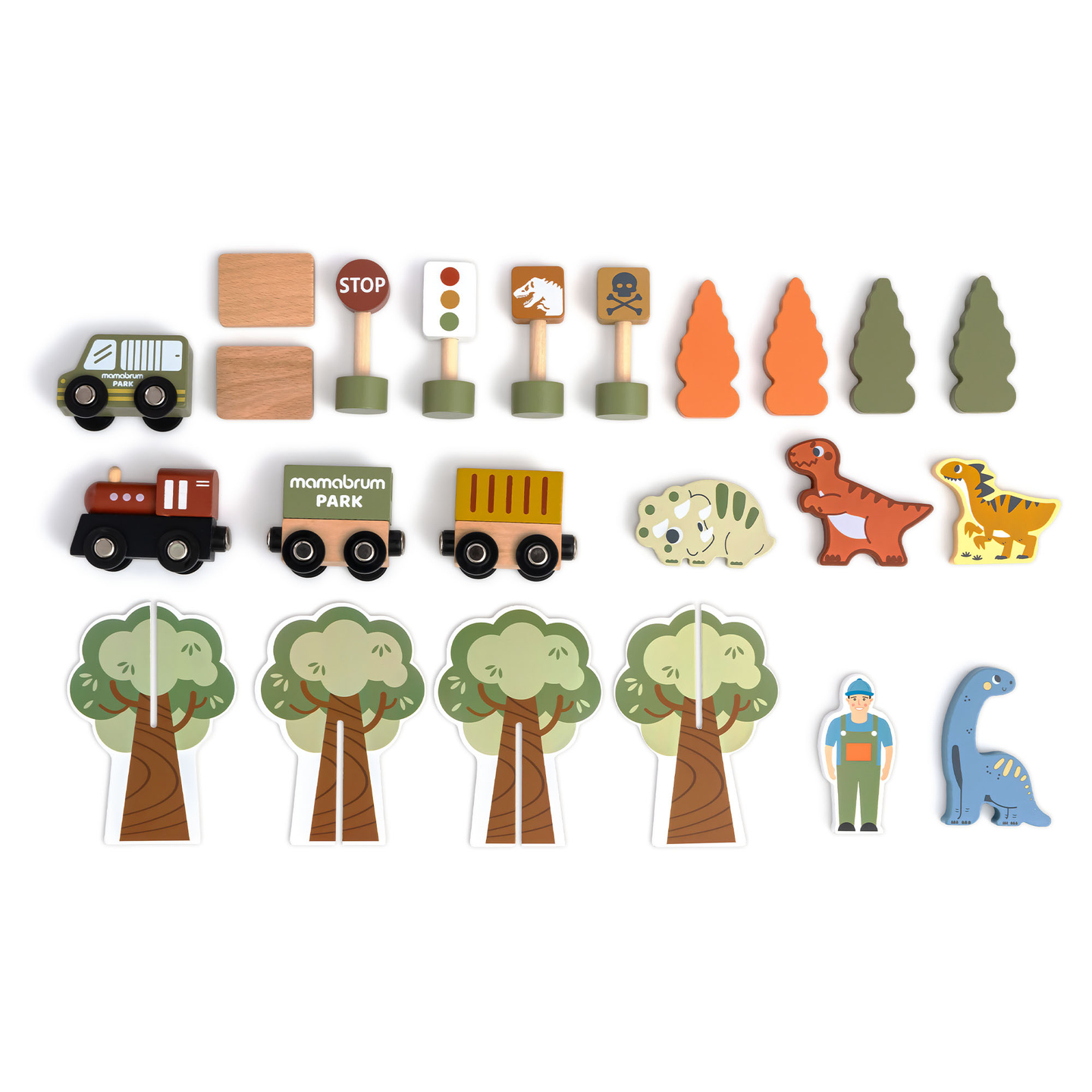 Dino Park trätåg med halkfri matta - dinosaurier, tåg, spår, vulkan, klocka