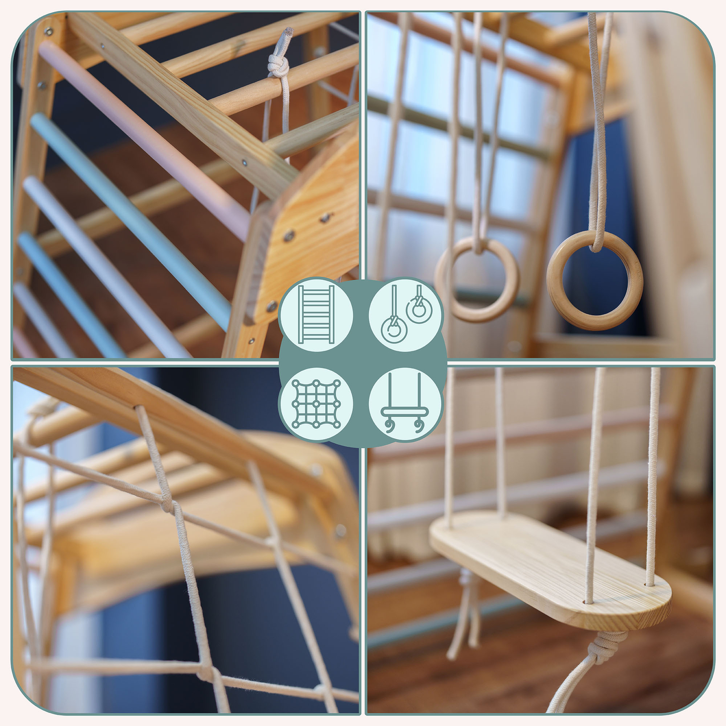 Trälekplats inomhus med gunga, gymnastikringar och klätternät