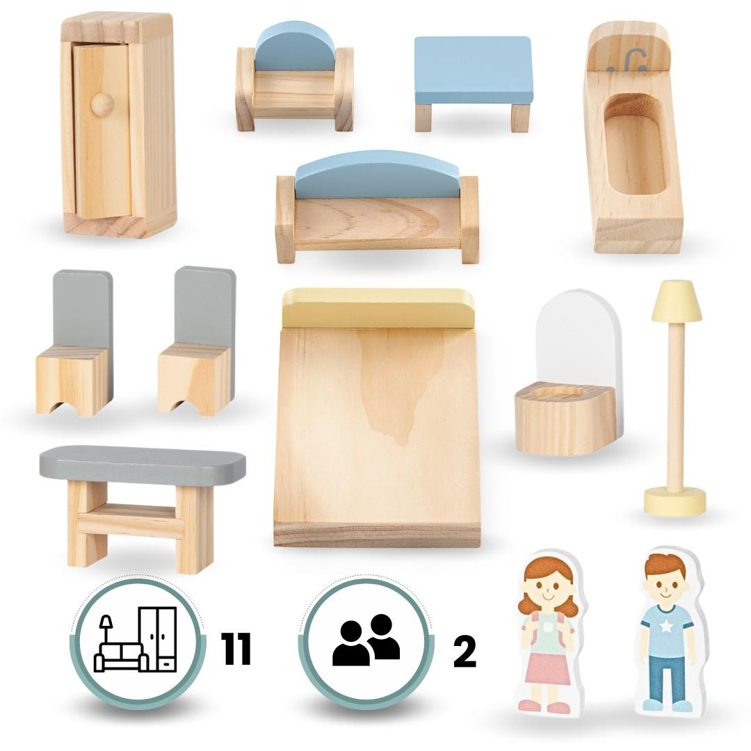 Dockhus i vitt trä med terrass och tillbehör