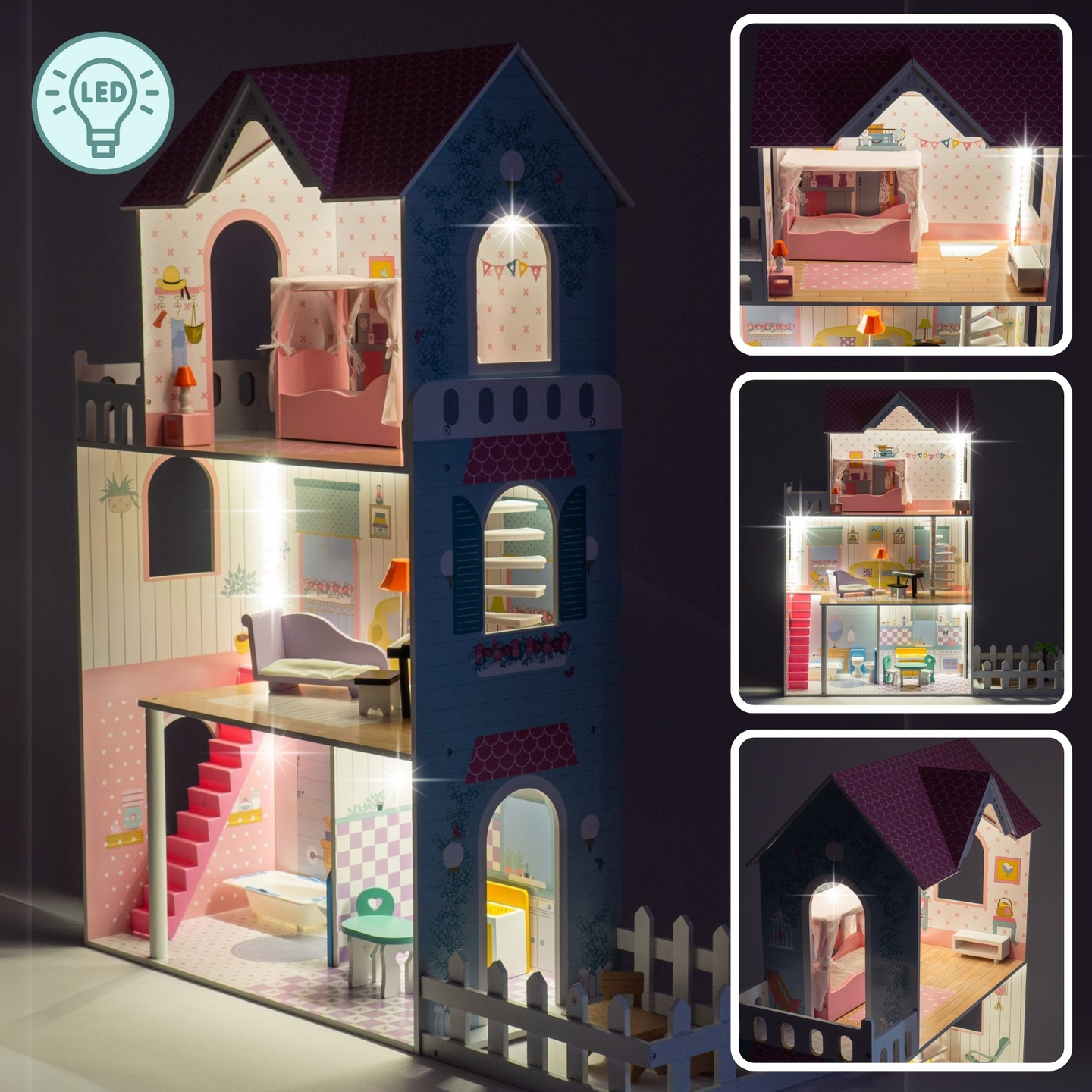 XXL Största dockhus i trä - 123 cm - LED-belyst - terrass, tillbehör, trädgård