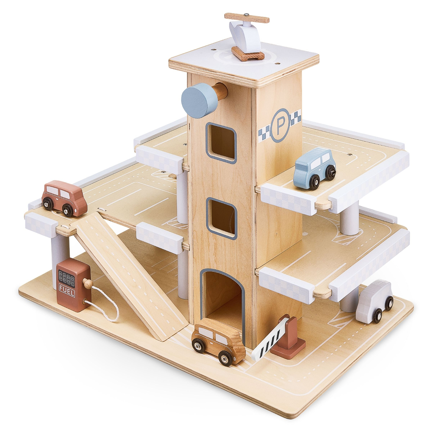 Träparkering i tre våningar med hiss - garage för bilar och helikopter