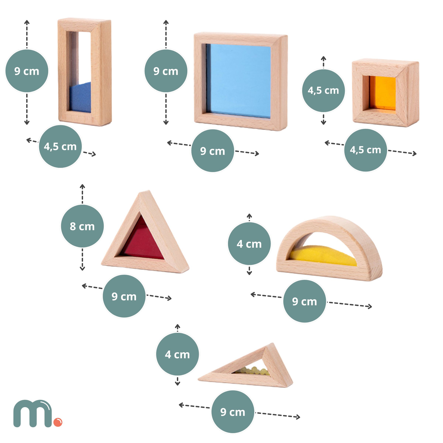 Set med sensoriska block i trä med olika fyllningar - 15 delar