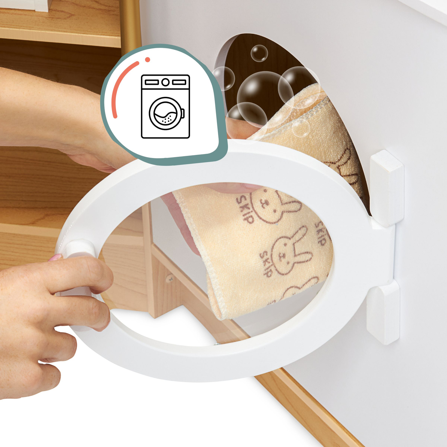 XXXXL stort interaktivt träkök med LED-belysning, tvättmaskin, mikrovågsugn, kaffemaskin samt frukt- och grönsaksuppsättning - 50 element