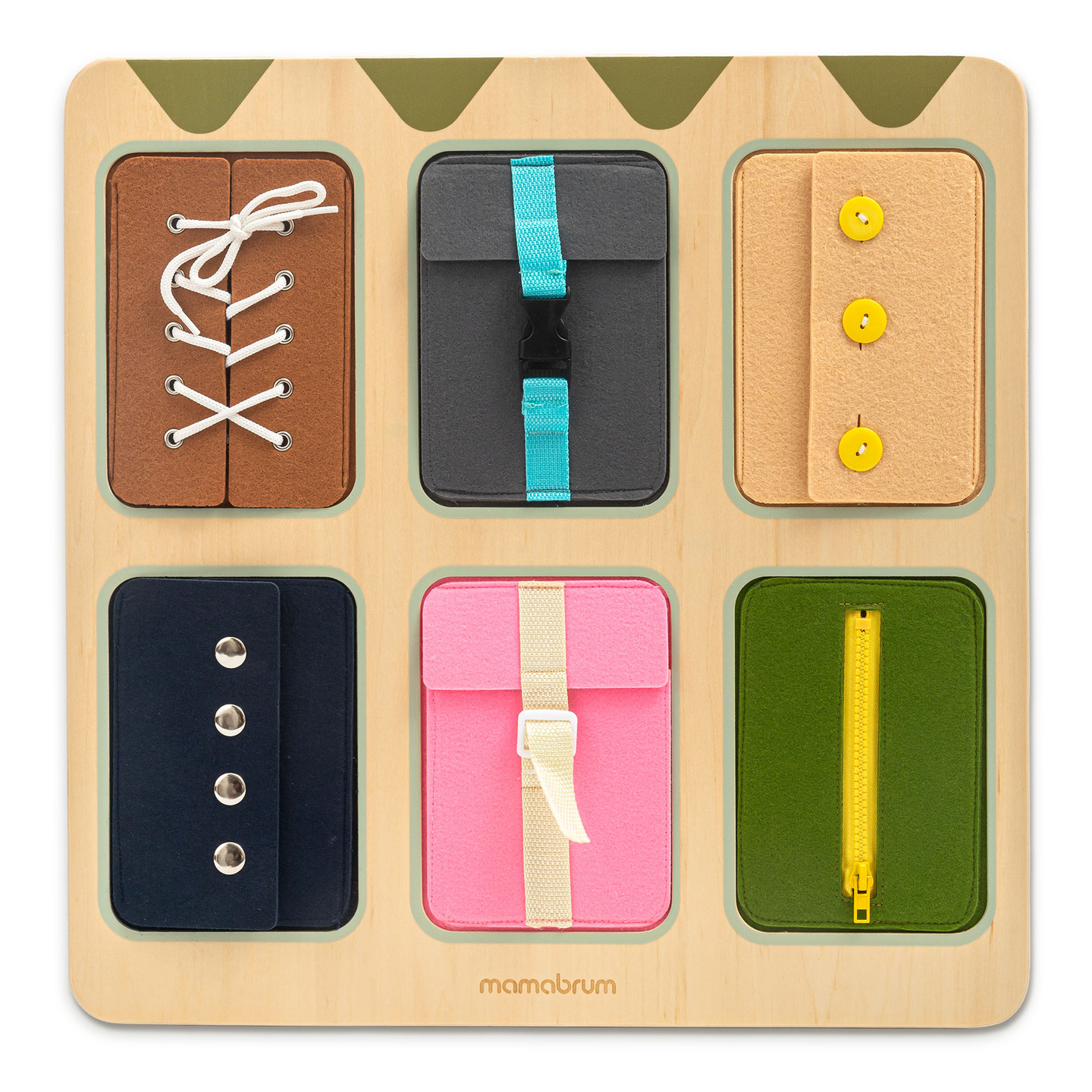 Montessori-manipulationsbräda i trä – Sensoriskt lärande av självständighet – snören, spännen, knappar, tryckknappar, dragkedja
