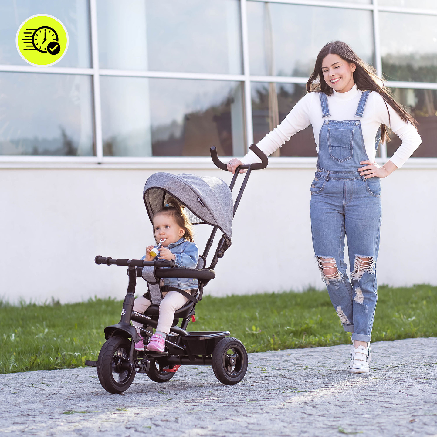 Trehjuling för barn 1-4 år - TOBI FREY - grå färg - svängbar - pumpade hjul + tryckare