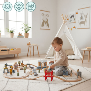 Träjärnväg med elektriskt tåg - rörlig kran, skepp, broar