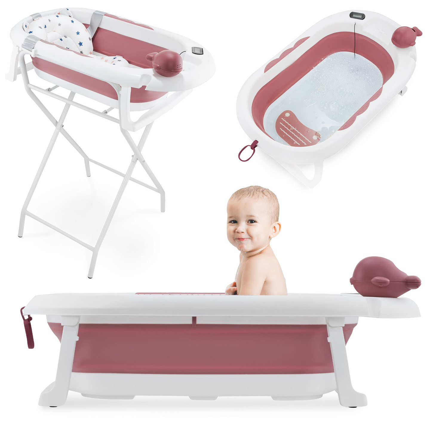Hopfällbart babybadkar med termometer, insats och stativ - färg smutsrosa