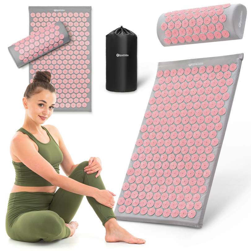 Akupressurmatta med kudde och överdrag - 72 cm HyperMotion grå och rosa