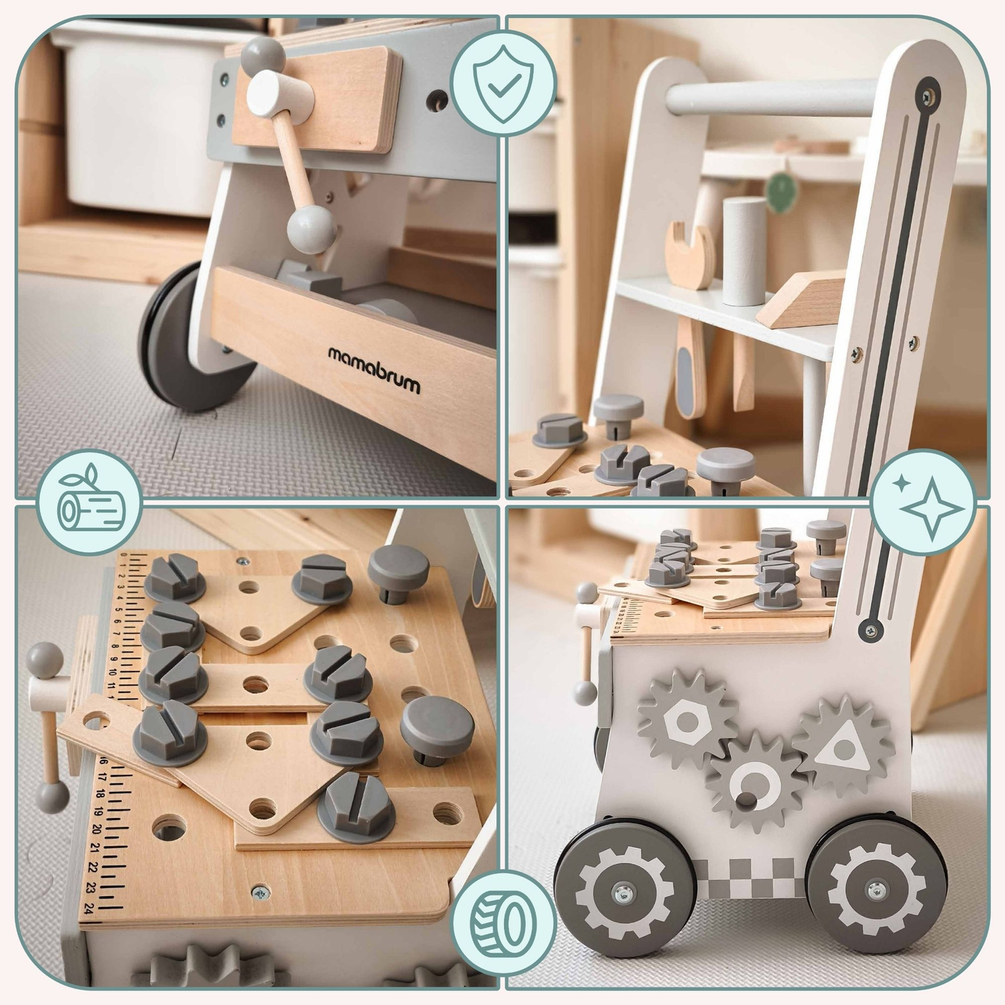 3-i-1 gåstol i trä, knuff + verkstad - 47 element