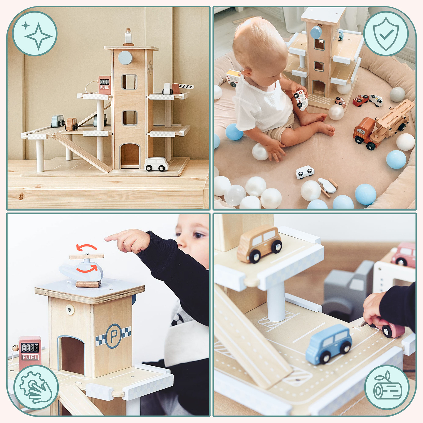 Träparkering i tre våningar med hiss - garage för bilar och helikopter