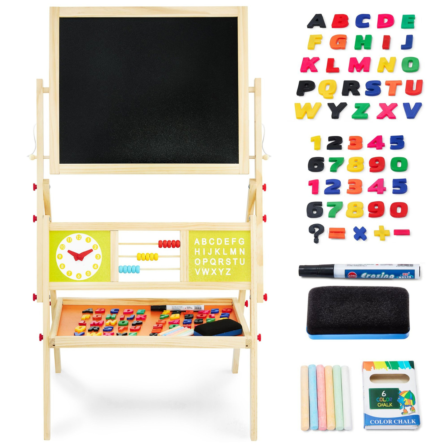 Stor pedagogisk dubbelsidig tavla: magnetisk och krittavla - torr raderingstavla, trä