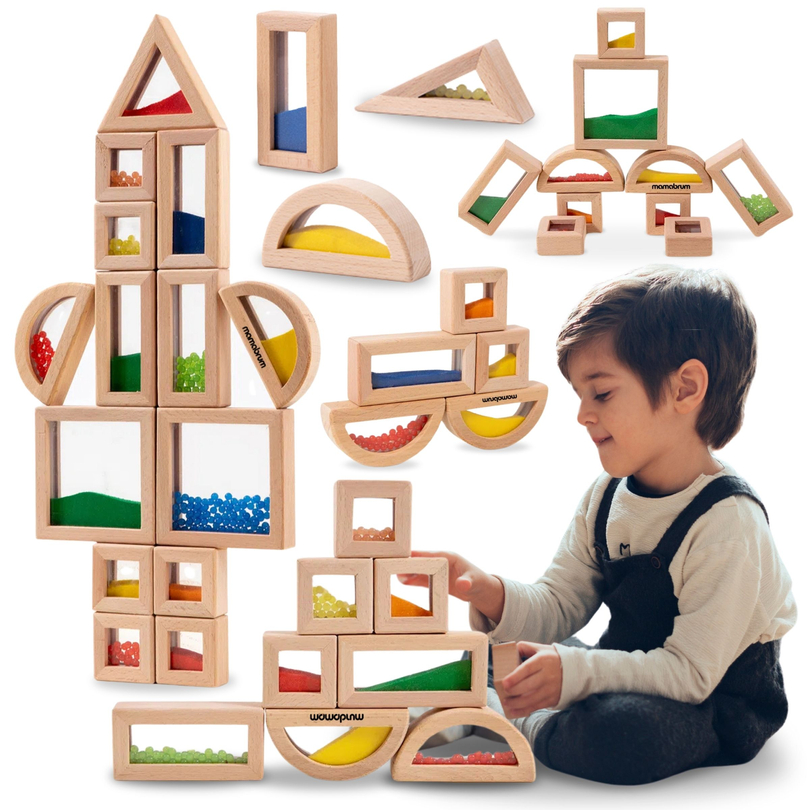 Set med sensoriska block i trä med olika fyllningar - 15 delar