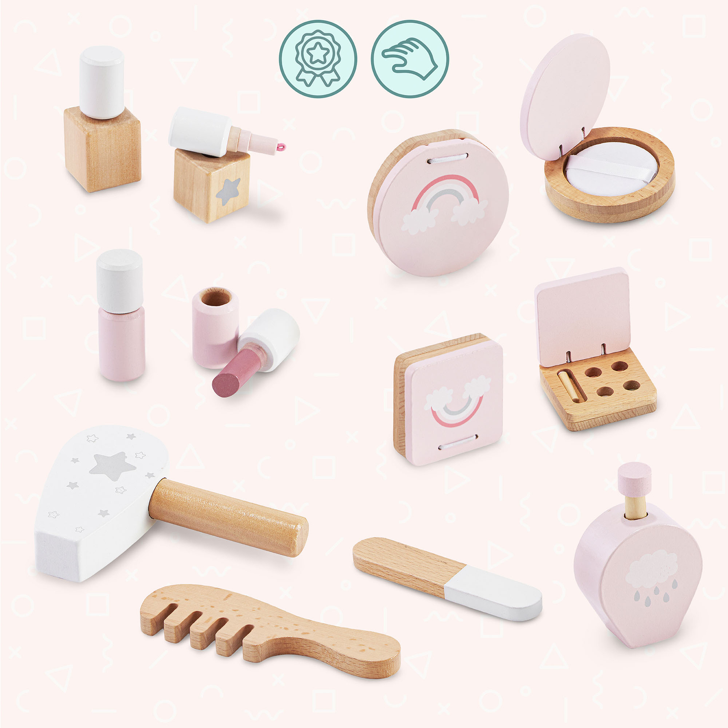 Sminkbord i trä för barn med LED-belysning med steglös ljusstyrkejustering, stol och tillbehör