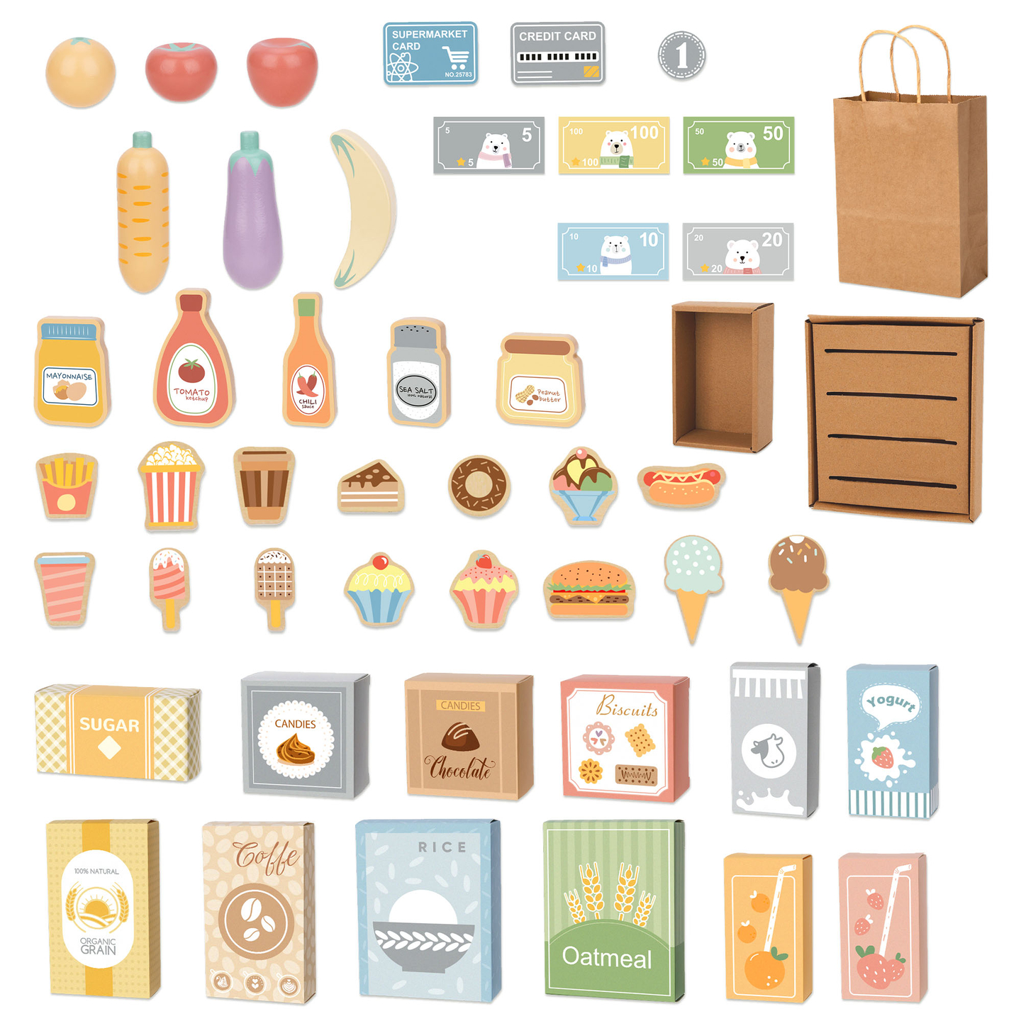 Stor barnbutik i trä med svart tavla - 91 delar för shoppingglädje!