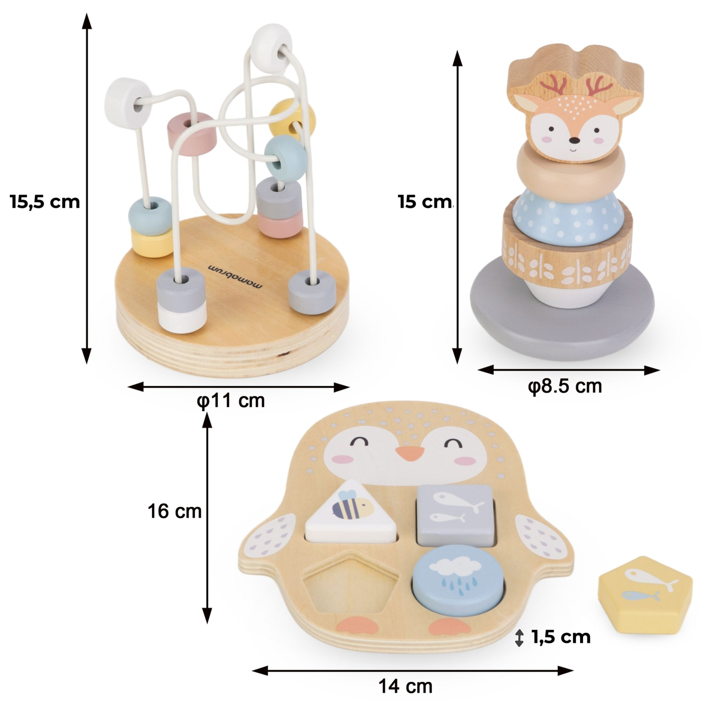 Set med träleksaker - färgglad sammanflätning, pyramidhjort, sorteringspingvin