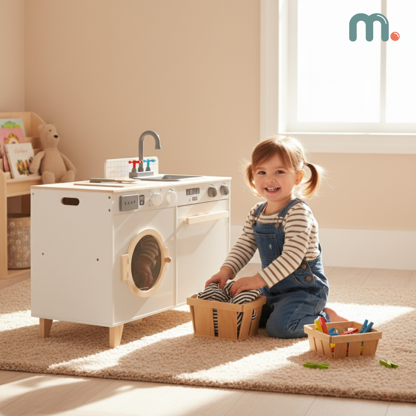 Tvättstuga och kök i trä - 2-i-1-hemset för barn