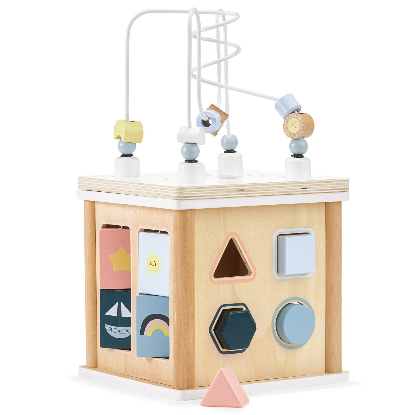 Pedagogisk kub i trä med sammanflätning - formsorterare