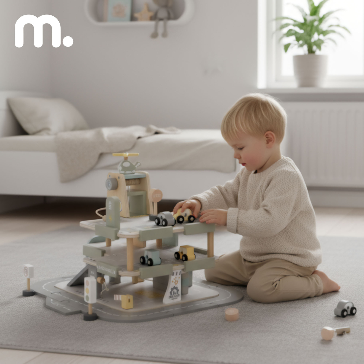 Trägarage i tre våningar för barn med tillbehör – parkeringsplats, bensinstation, biltvätt, helikopter