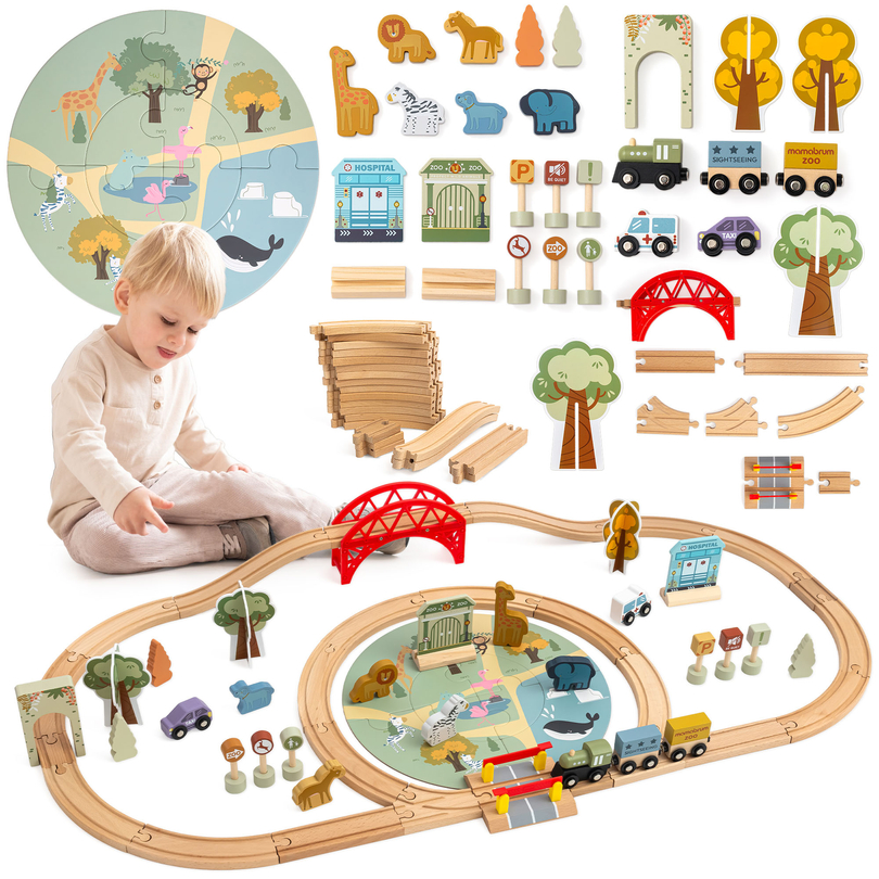 Trä ZOO-tåg – pussel, tåg, spår, djur, bro, barriär