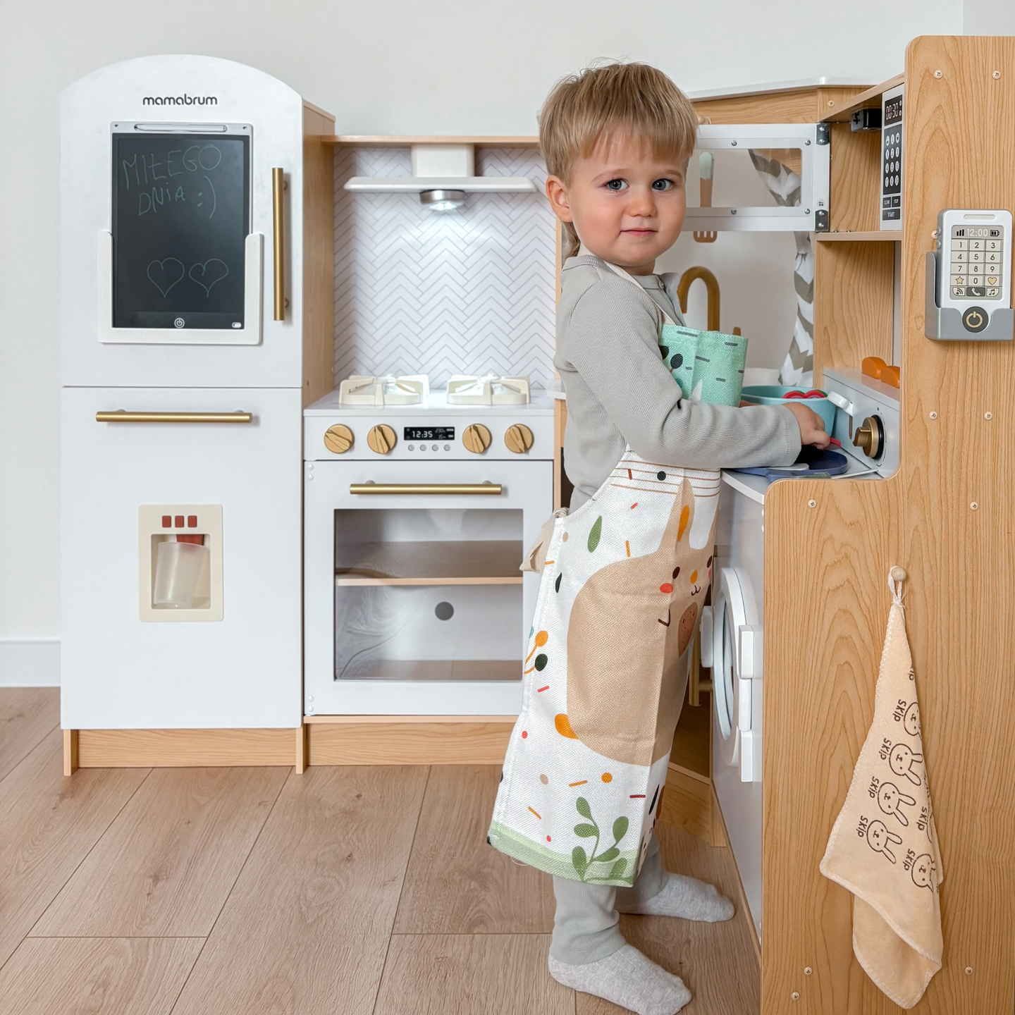 XXXXL stort interaktivt träkök med LED-belysning, tvättmaskin, mikrovågsugn, kaffemaskin samt frukt- och grönsaksuppsättning - 50 element