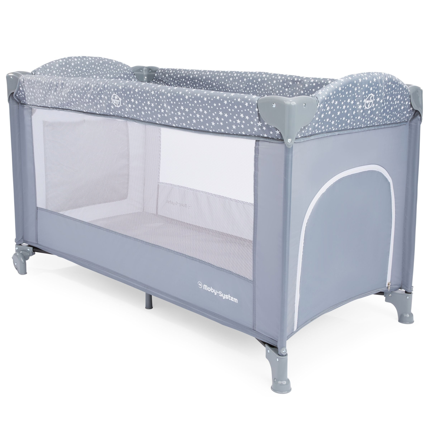 Resesäng/lekhage 2 plan med skötbord, tak och Happy Traveller BASIC PLUS madrass - grå