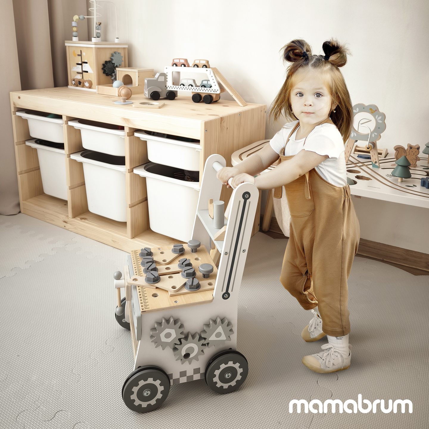 3-i-1 gåstol i trä, knuff + verkstad - 47 element