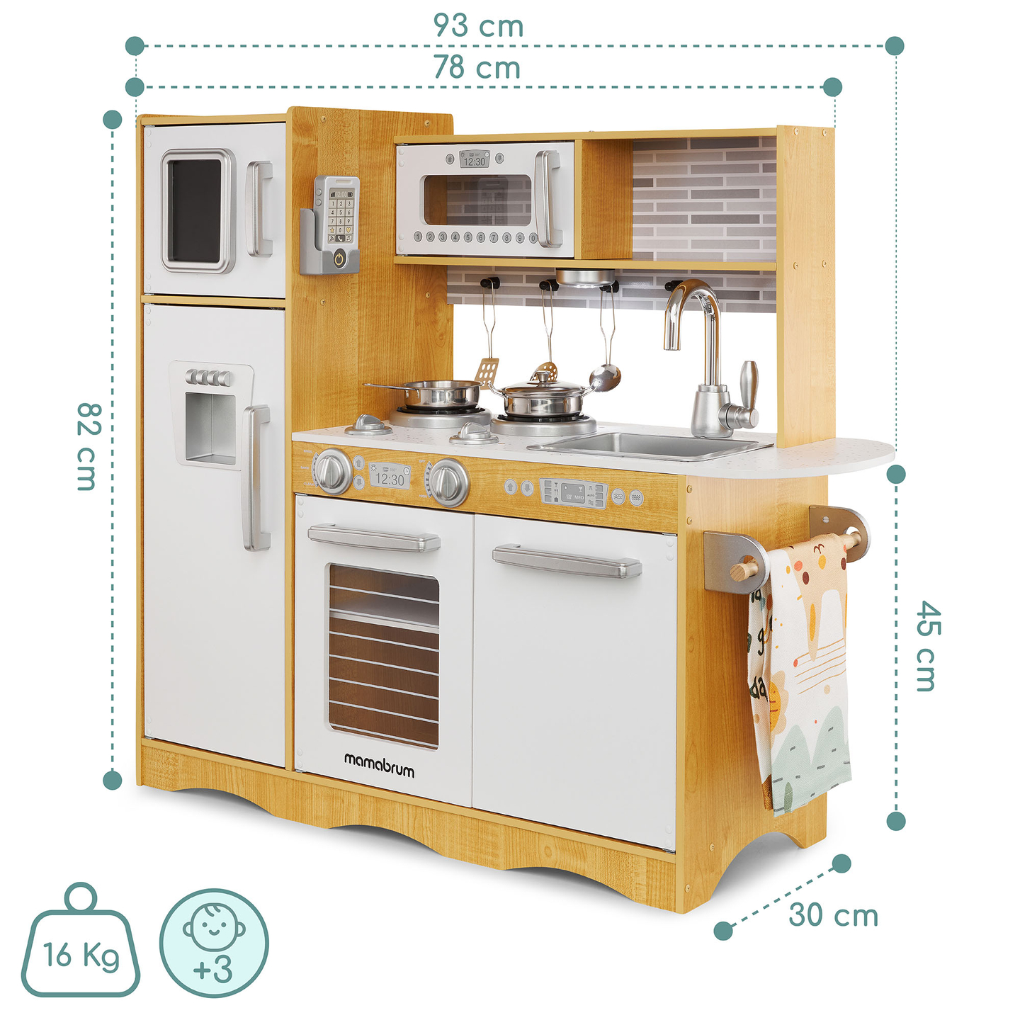 XXL träkök med LED-belysning, förkläde och tillbehör