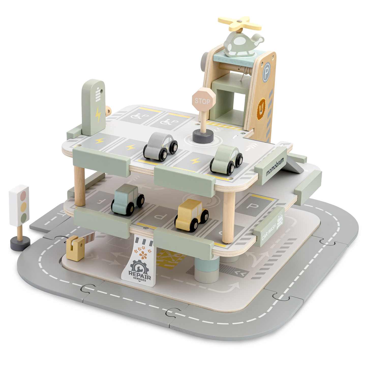 Trägarage i tre våningar för barn med tillbehör – parkeringsplats, bensinstation, biltvätt, helikopter