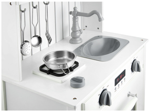 Vitt träkök med förkläde, tillbehör och LED-lampa