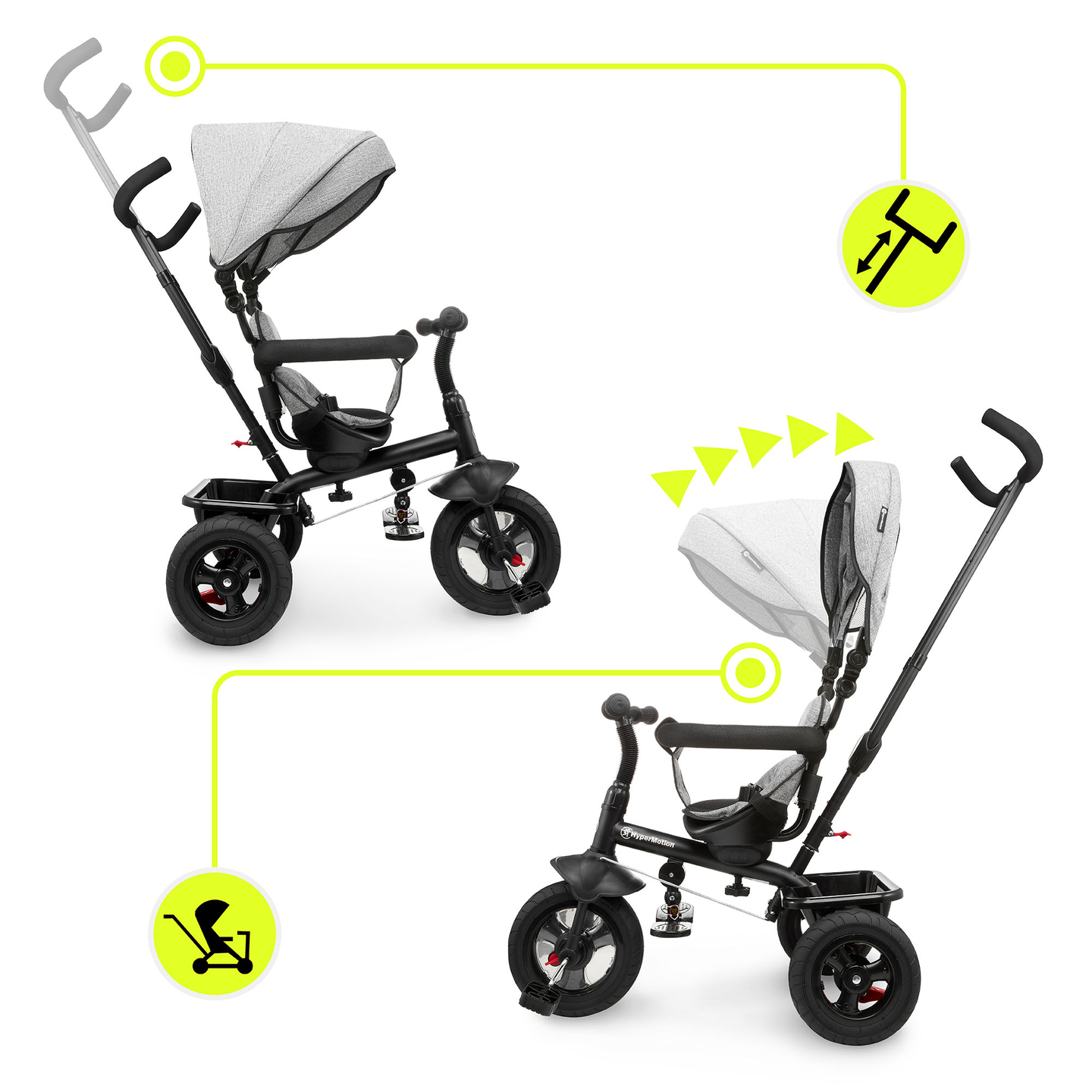 Trehjuling för barn 1-4 år - TOBI FREY - grå färg - svängbar - pumpade hjul + tryckare