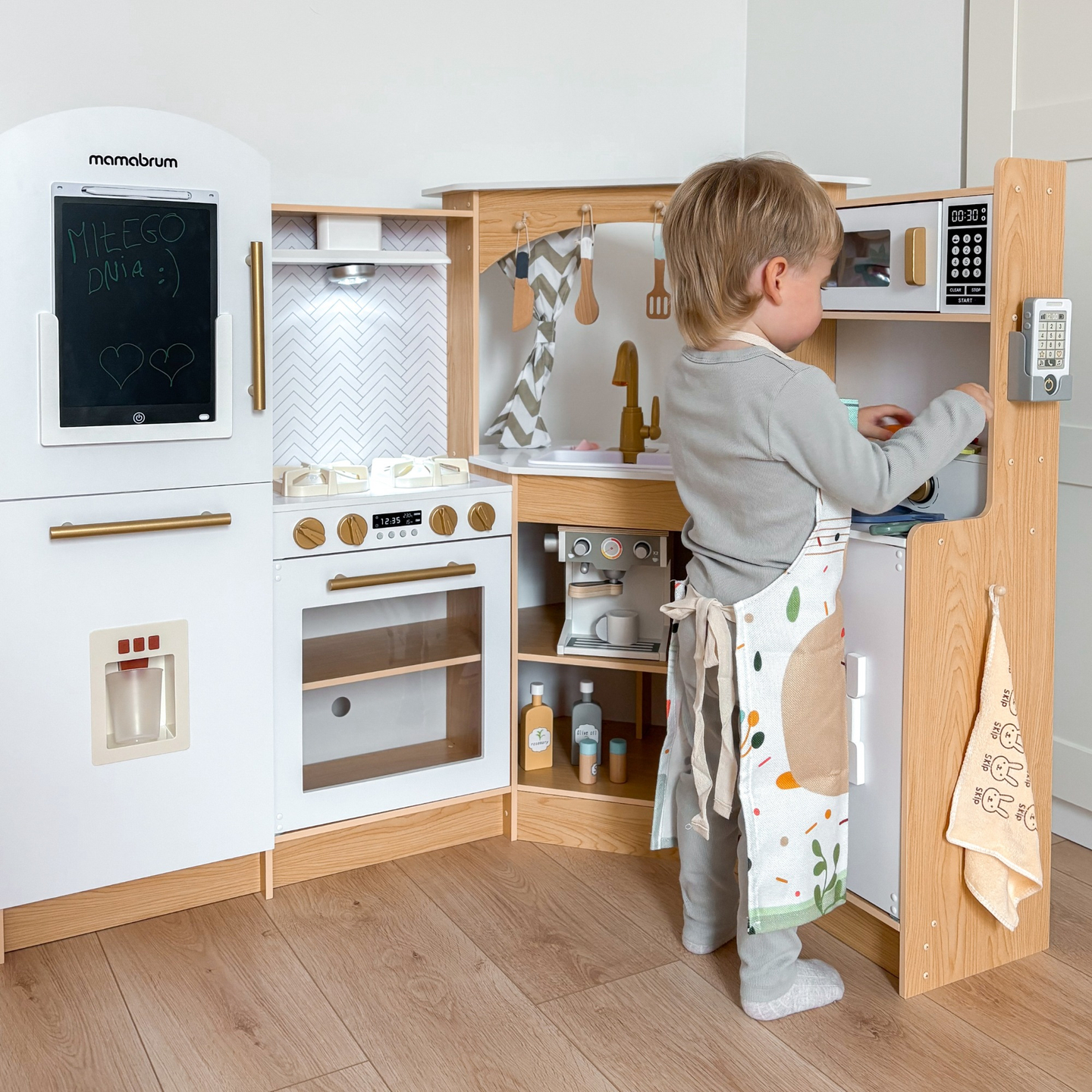 XXXXL stort interaktivt träkök med LED-belysning, tvättmaskin, mikrovågsugn, kaffemaskin samt frukt- och grönsaksuppsättning - 50 element