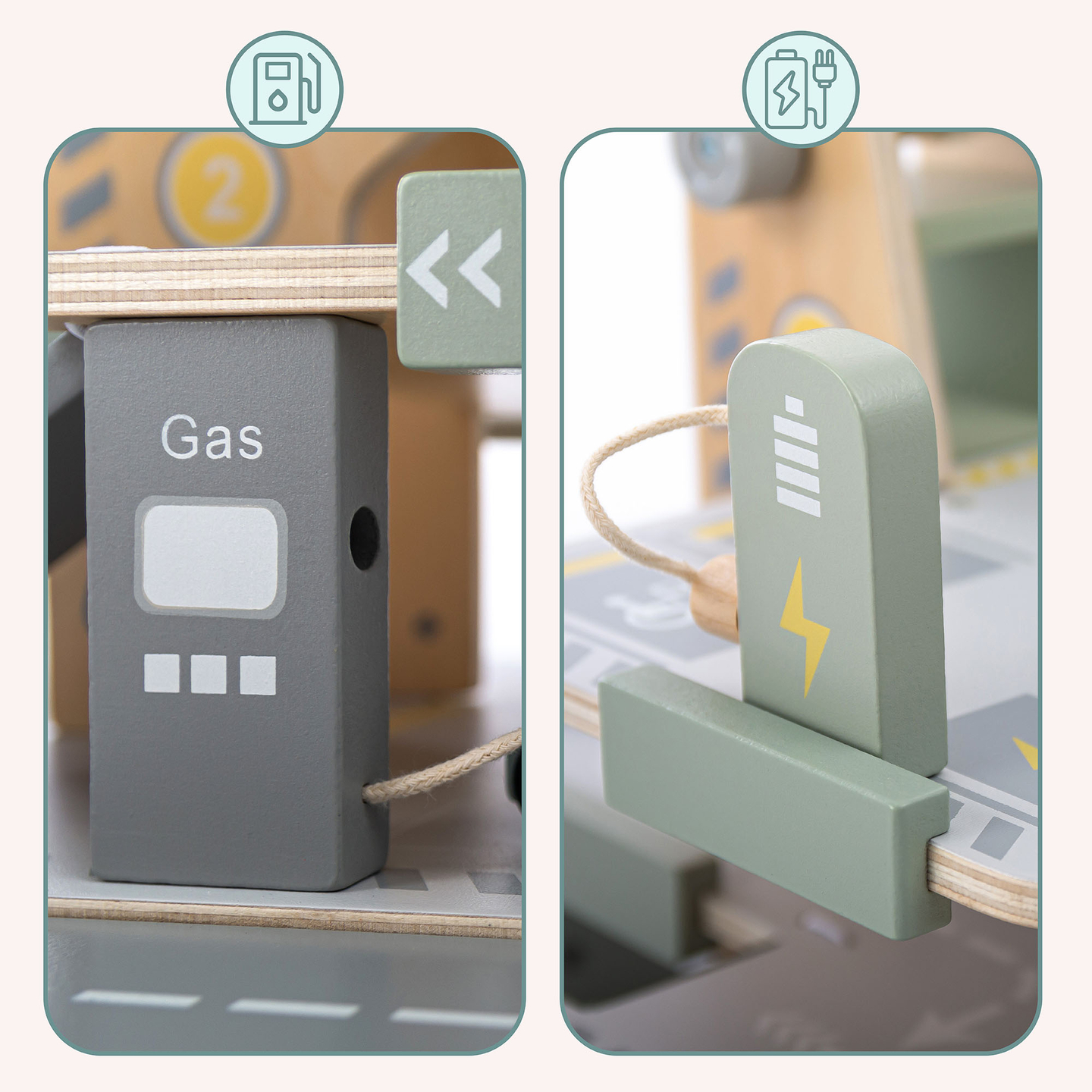 Trägarage i tre våningar för barn med tillbehör – parkeringsplats, bensinstation, biltvätt, helikopter